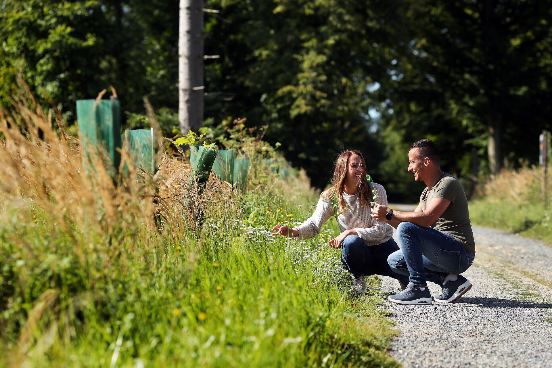 Ein Paar kniet und betrachtet die Vegetation am Wegesrand im Naturpark Geras.