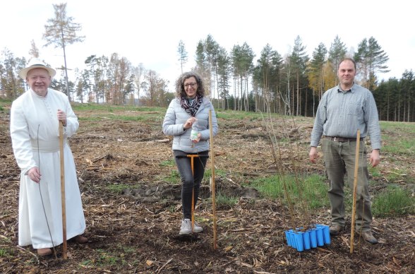 Baumpflanzaktion Waldquelle mit Kräuterpfarrer Benedikt, Mag. Fiala - Waldquelle und Förster Markus Philipp, © Stift Geras, Margit