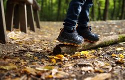 Ein Kind balanciert über einen dicken Ast mitten im Naturpark Geras. 